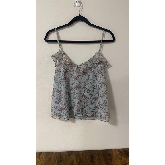 Mango Tops - Mango Suit Women Floral Metallic Ruffle Cami Top Light Blue Pink Size M NWT